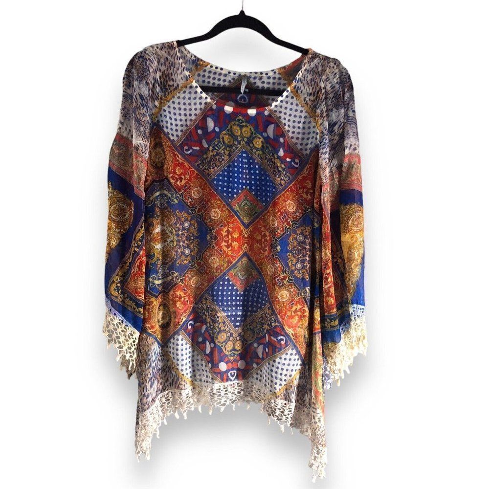 Shiloh 770 Size‎ Medium Sheer Blouse Crowns Royalty Crocheted Fringe Boho 0589